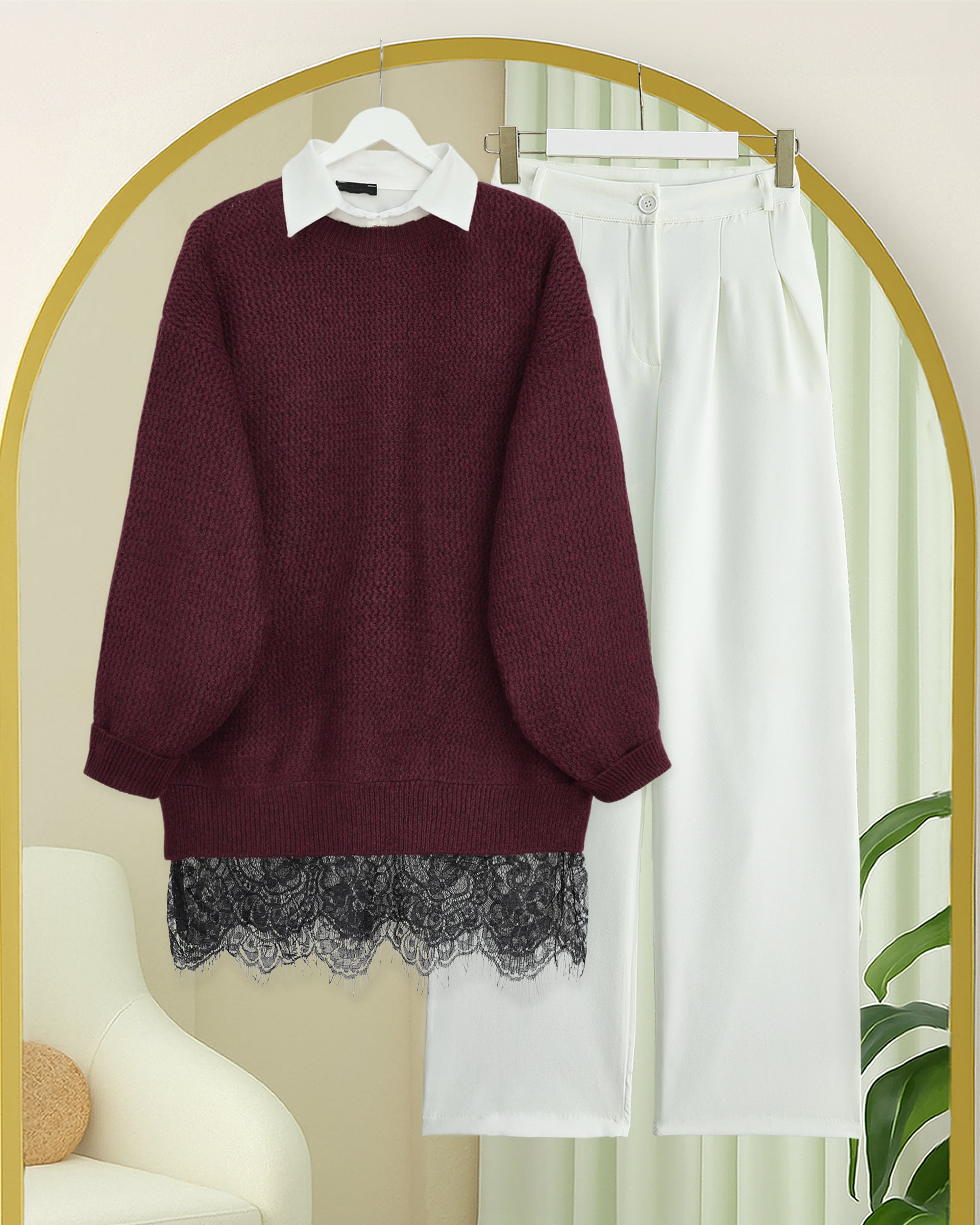Maroon Lace-Trimmed Knit Sweater with Collar - Podyumplus - by Peralane - photo 5