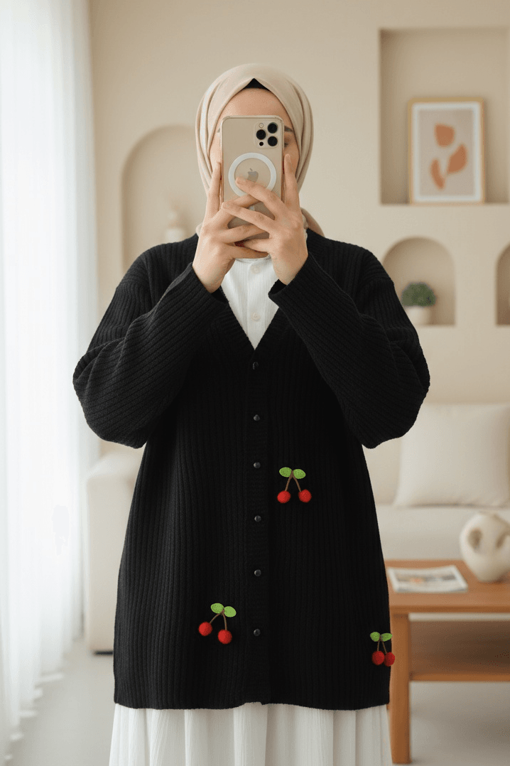 Black Ribbed Knit Cardigan with Cherry Embroidered Buttons - Podyumplus - by Peralane