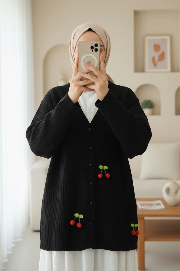 Black Ribbed Knit Cardigan with Cherry Embroidered Buttons - Podyumplus - by Peralane