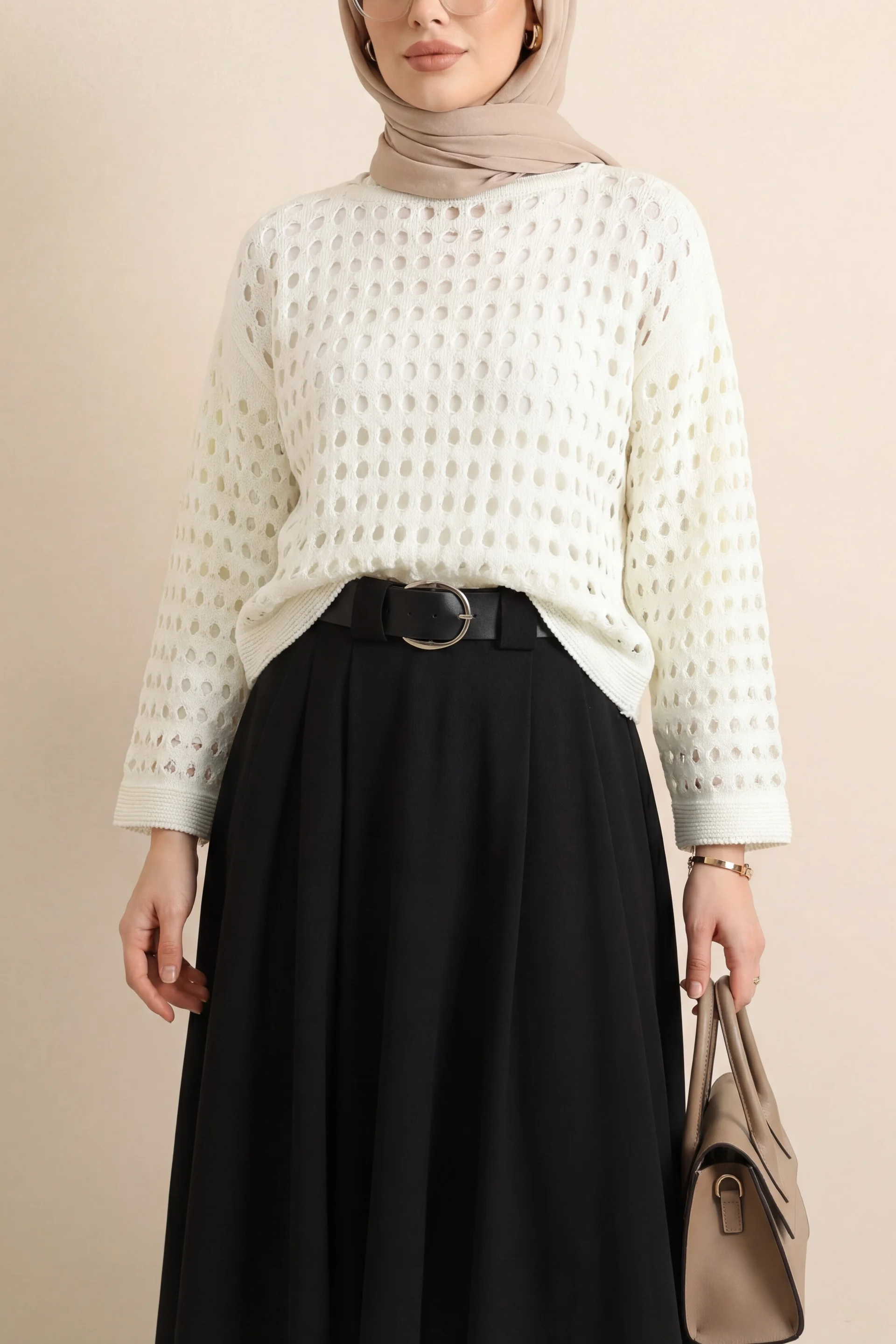 Ekru Boat Neck Open-Knit Sweater - Podyumplus - by Peralane