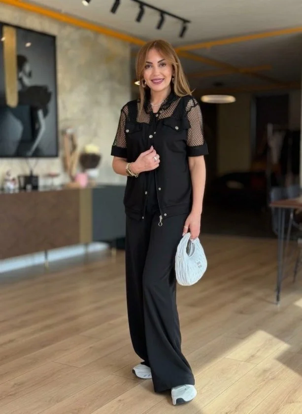 Women's Short Sleeve Collared Button Front Mesh Detail Modal Jacket and Wide Leg Trousers Set in Black - Janes - by Peralane