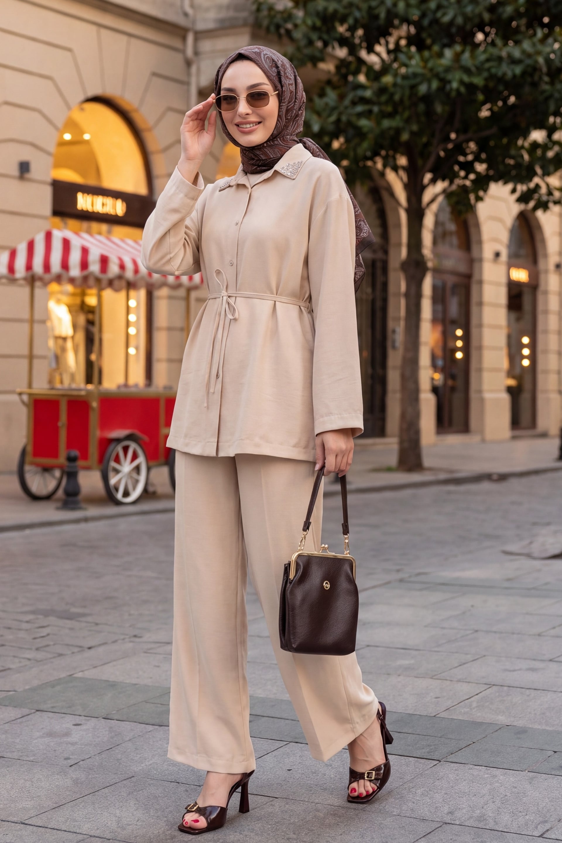 Stone-Collar Tie-Waist Blouse and Wide-Leg Trousers Set - Beige - Podyumplus - by Peralane