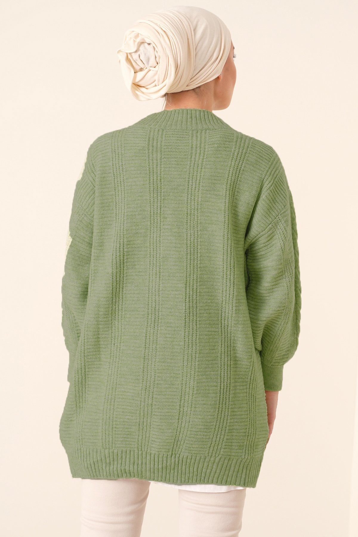 Green Ribbed Knit Cardigan with Button Closure - Bigdart - by Peralane
