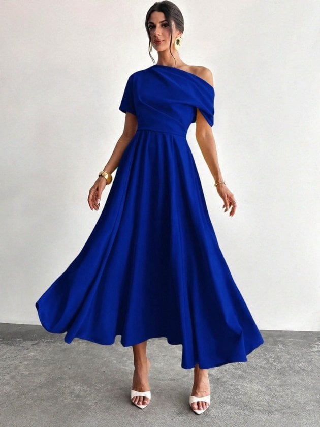 Women's Off-Shoulder Short-Sleeve Pleated Long Crepe Dress - Janes - by Peralane