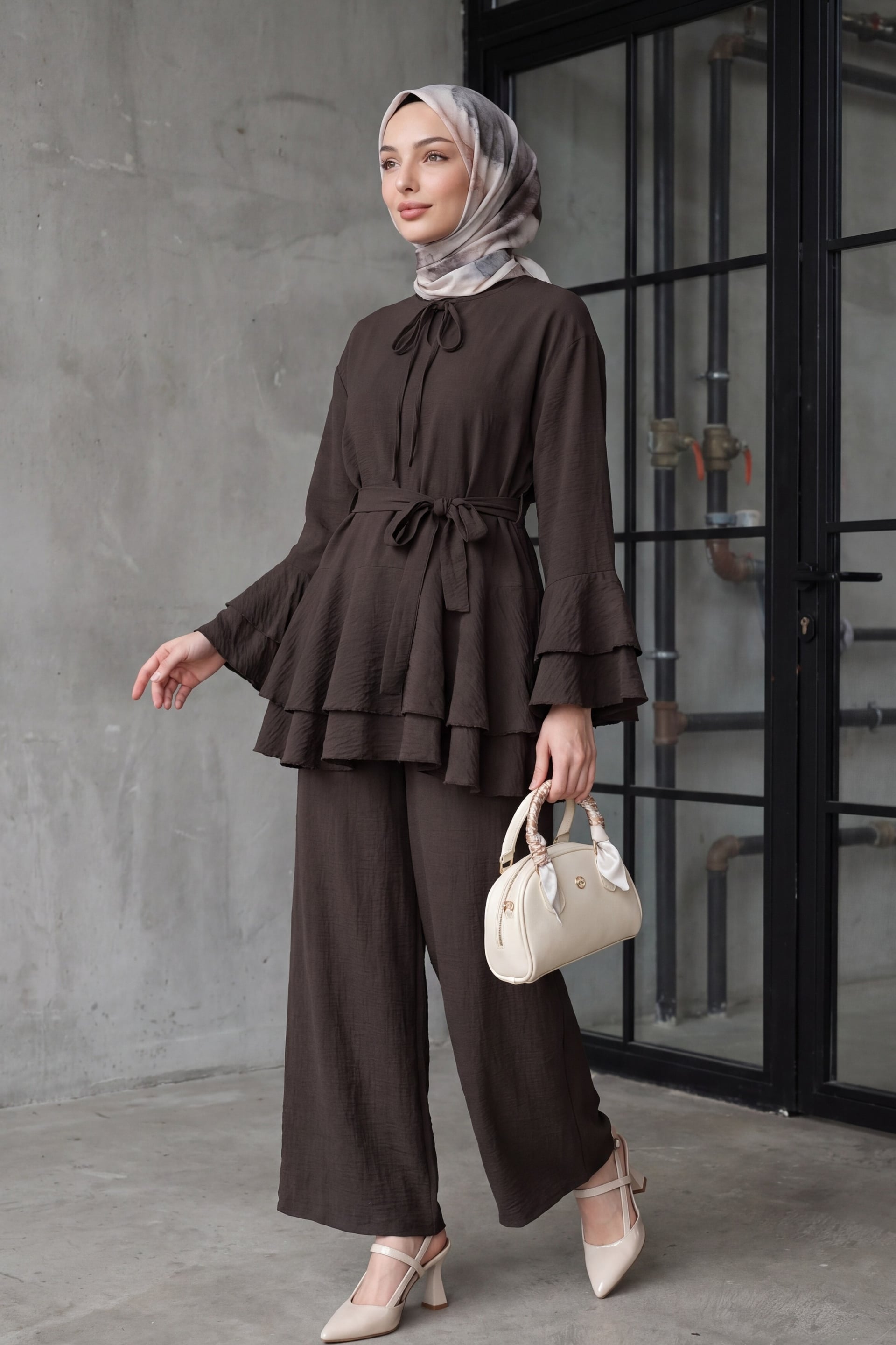 Ruffled Sleeve Wide-Leg Trousers Belted Jacquard Waffle Modest Set - Dark Brown - Podyumplus - by Peralane - photo 4