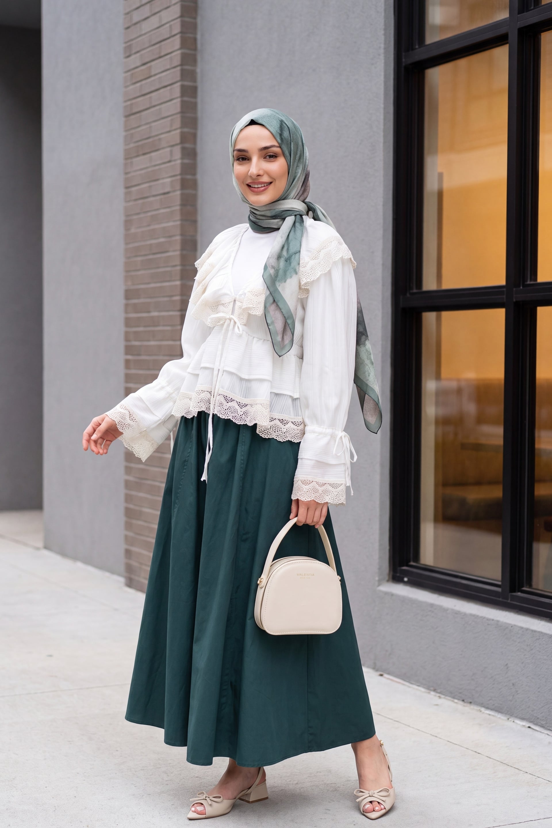 V-Neck Lace Trim Ruffle Tie Blouse with Skirt - Ecru - Podyumplus - by Peralane - photo 4