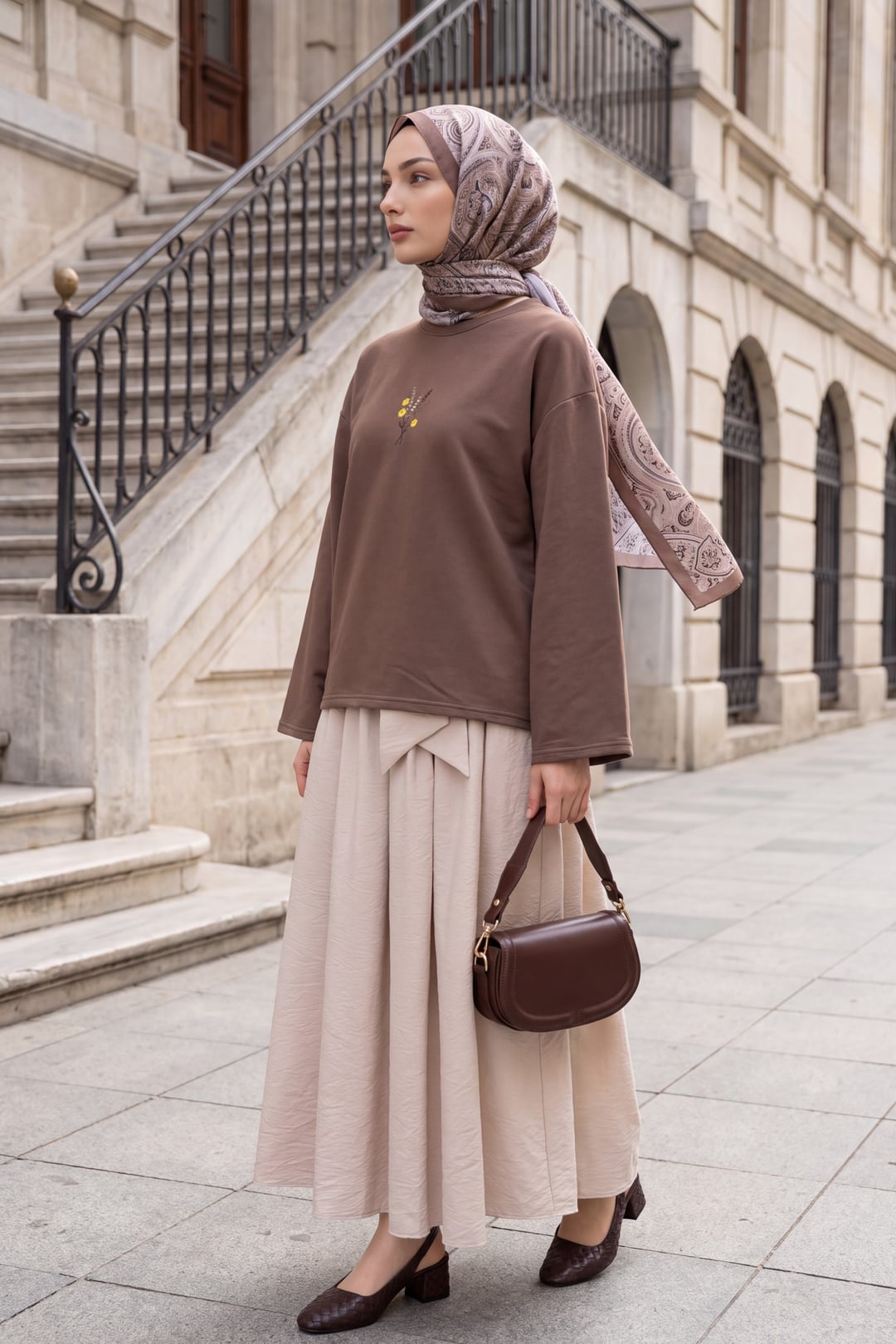 Round Neck Embroidered Floral Oversized Jersey Blouse - Light Brown - Podyumplus - by Peralane - photo 2
