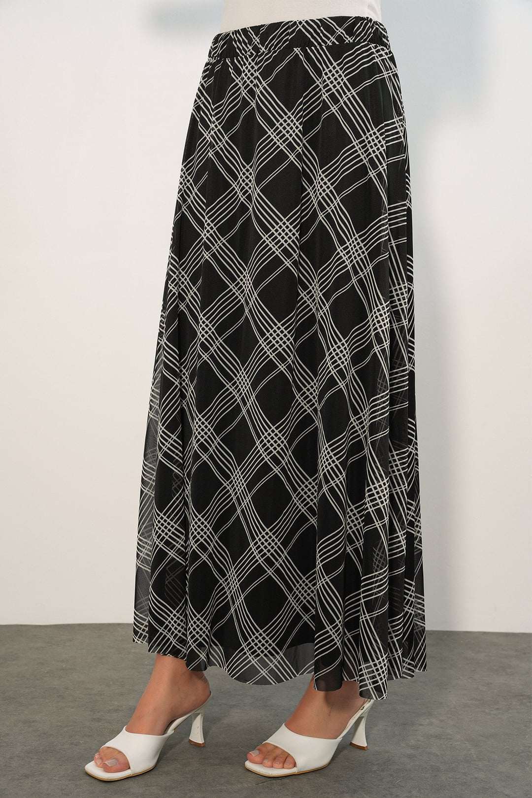 Women's Black Abstract Plaid Maxi Skirt with Lining - Bigdart - by Peralane