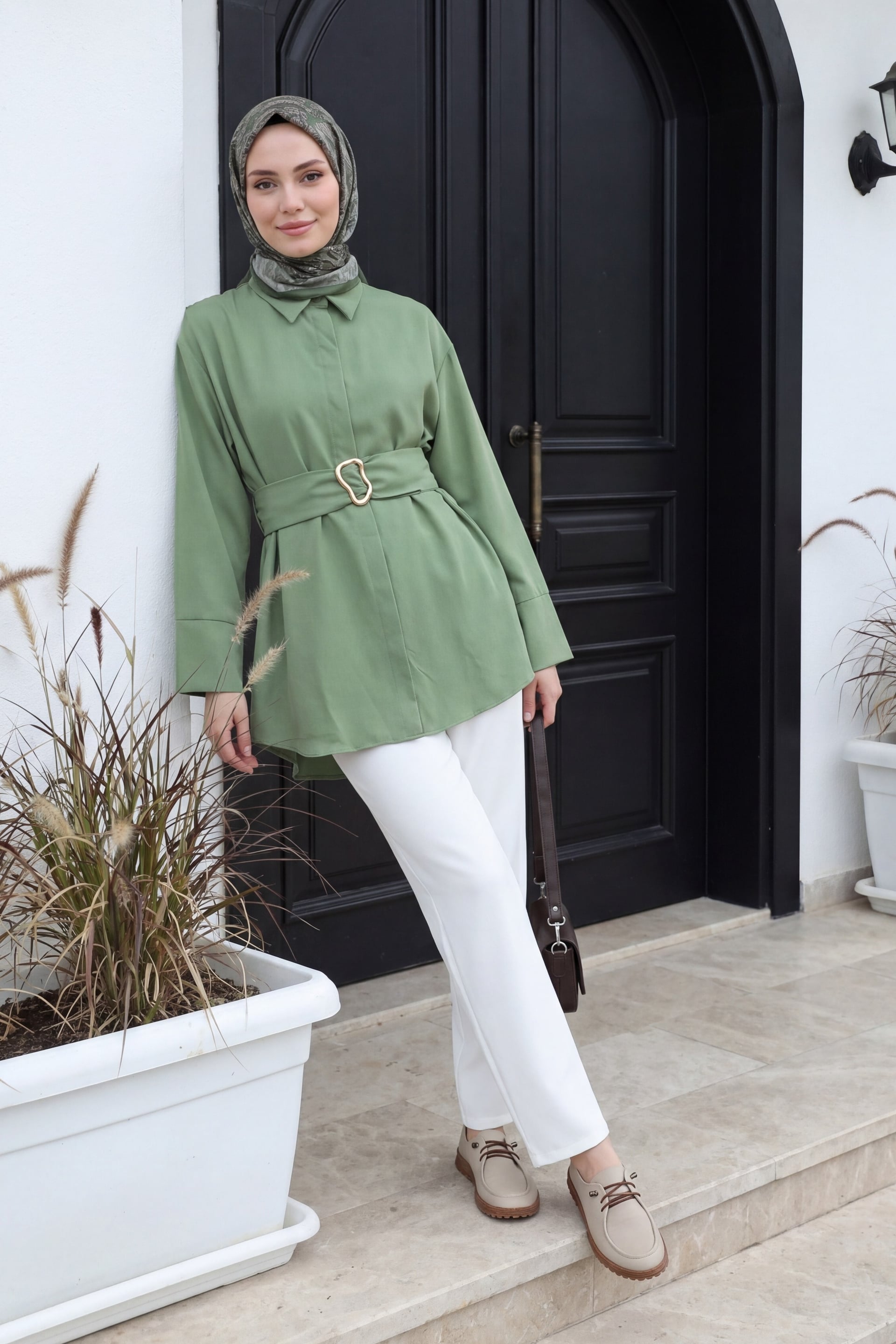 Belted Double Cuff Poplin Tunic with Concealed Button Front - Khaki - Podyumplus - by Peralane - photo 8