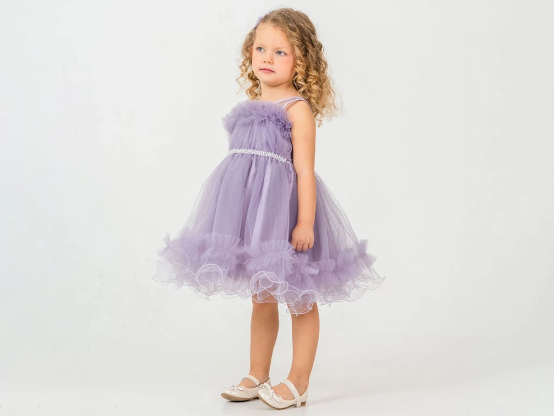 Layered Tulle Girl's Party Dress with Ruffled Details - Lilac - Mertoglu Kids - by Peralane