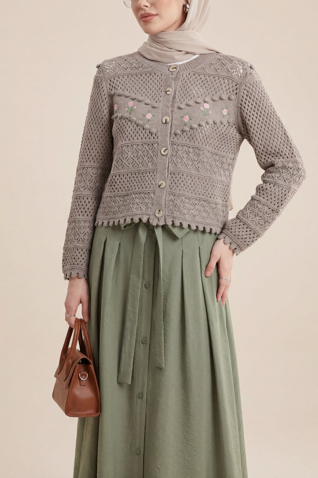 Floral Embroidered Pompon Button Knit Cardigan - Taupe - Podyumplus - by Peralane