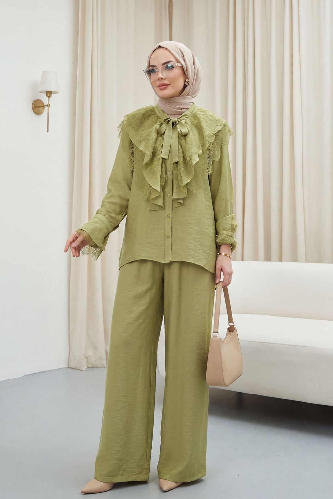 Ruffled Lace-Trimmed Blouse and Wide-Leg Trousers Set in Olive Green - Podyumplus - by Peralane - photo 5