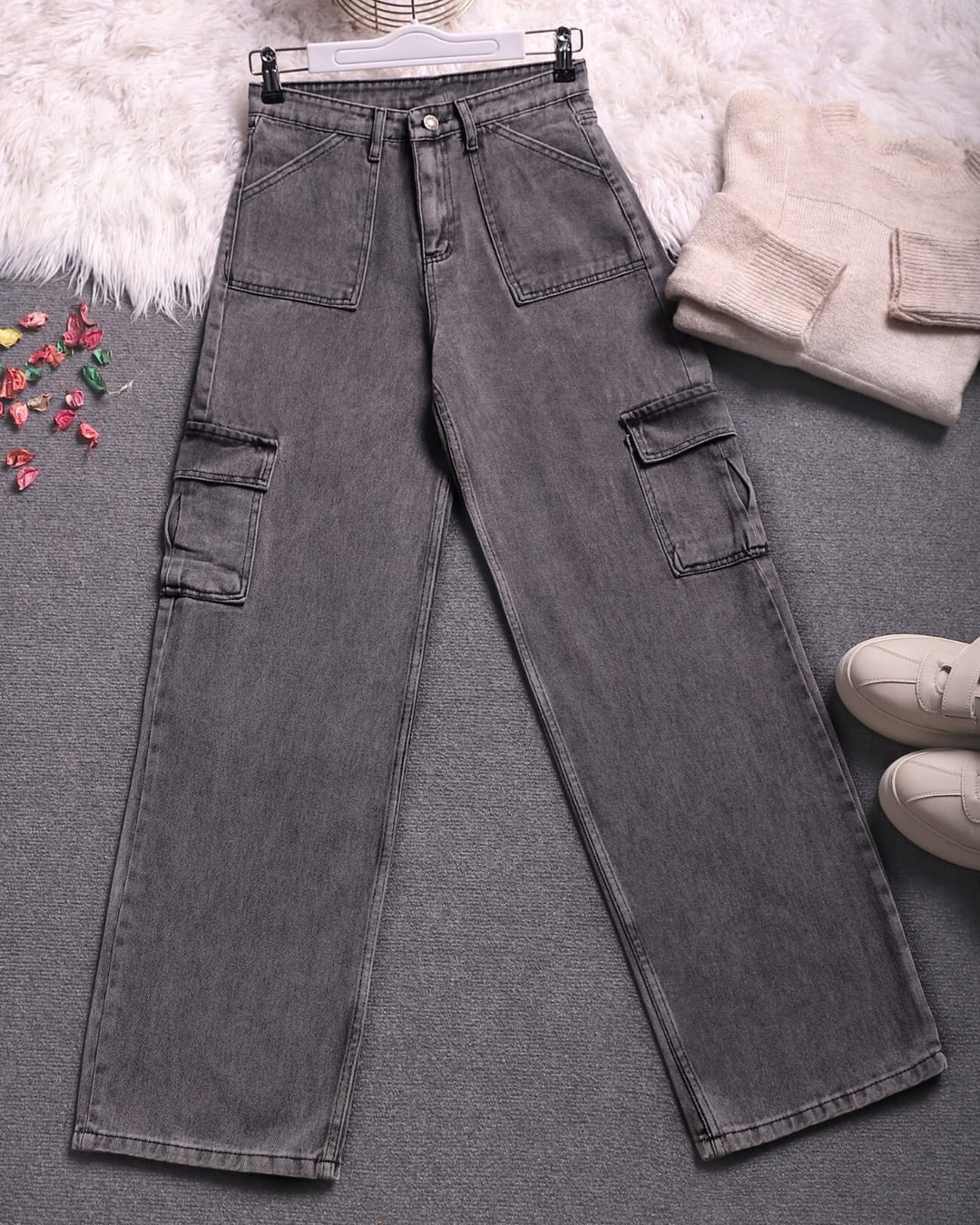 Washed Denim Cargo Trousers with Wide Leg - Smoke Grey - Podyumplus - by Peralane - photo 3