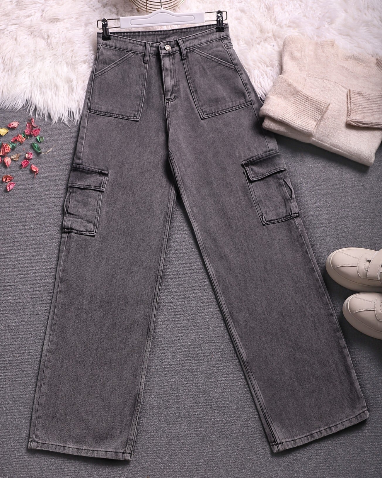 Washed Denim Cargo Trousers with Wide Leg - Smoke Grey - Podyumplus - by Peralane - photo 3