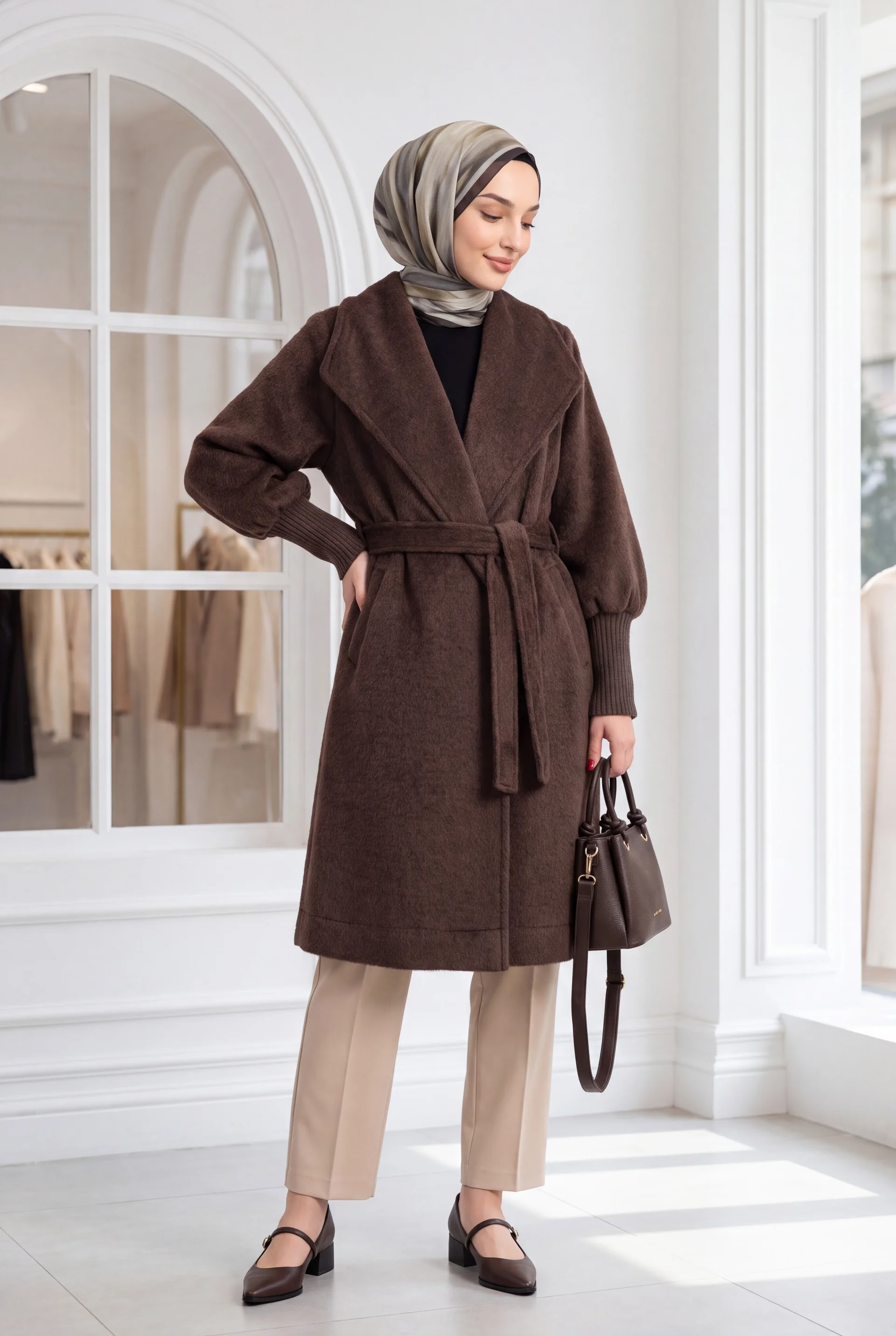 Ribbed Cuff Shawl Collar Lined Melton Coat - Dark Brown - Podyumplus - by Peralane - photo 3