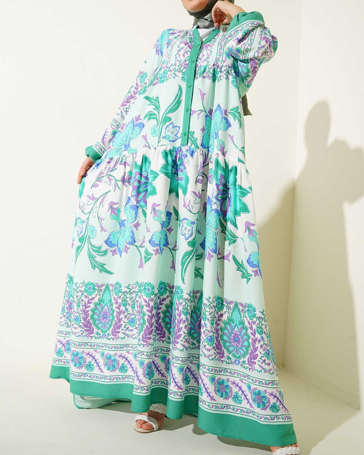 Mint Green Floral Long Sleeve Modest Dress - Women's - Bigdart - by Peralane - photo 3