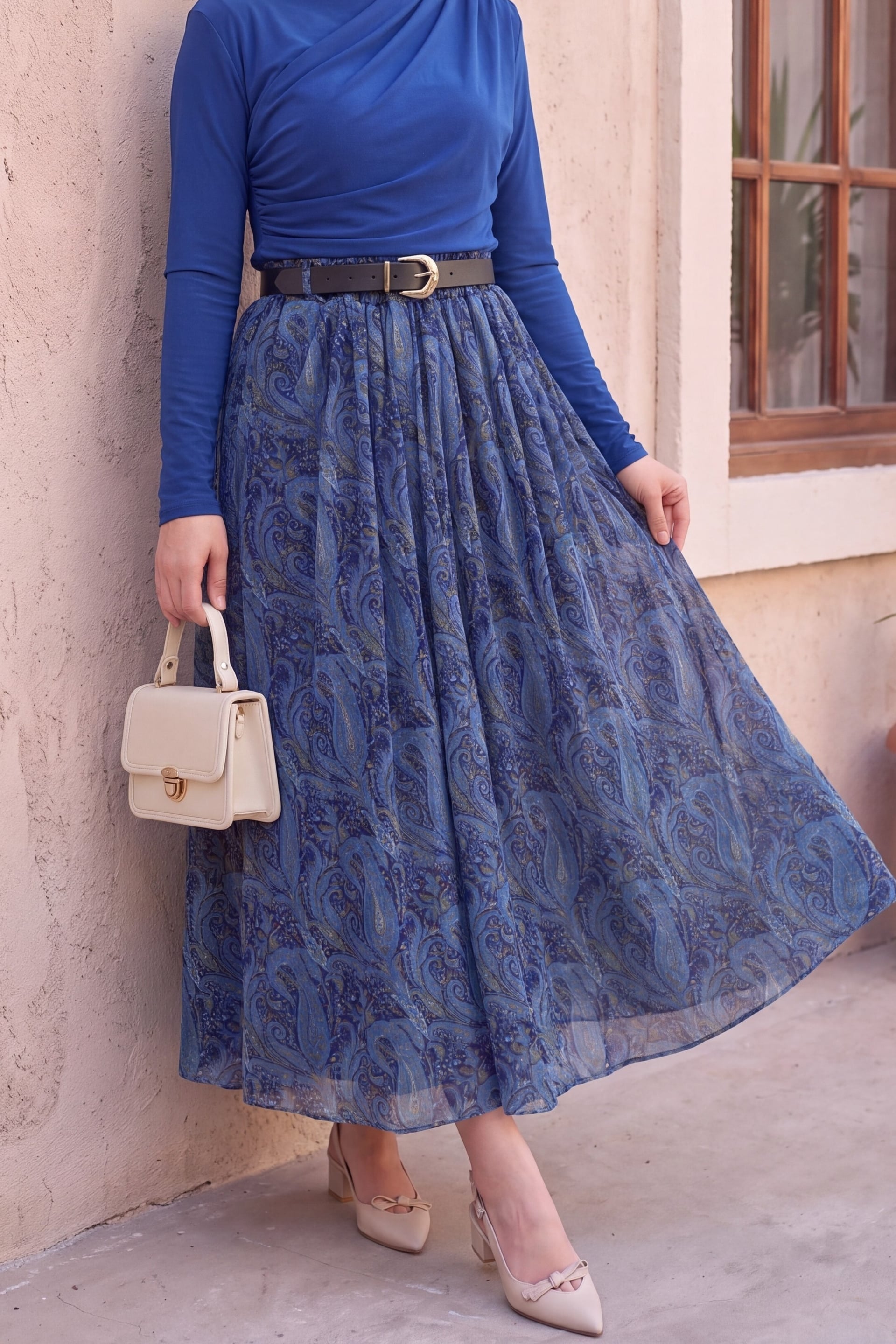 Elasticated Waist Belted Lined Patterned Tulle Skirt - Indigo - Podyumplus - by Peralane - photo 8