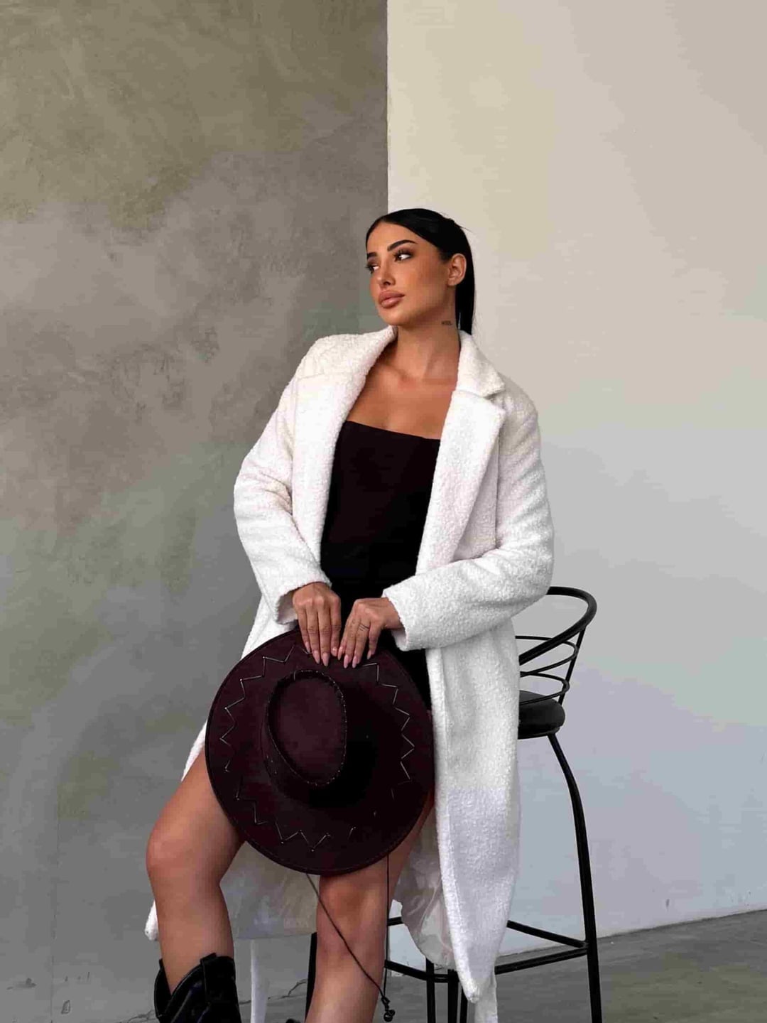 Women's Long White Textured Coat with Belt - My Bee - by Peralane - photo 4