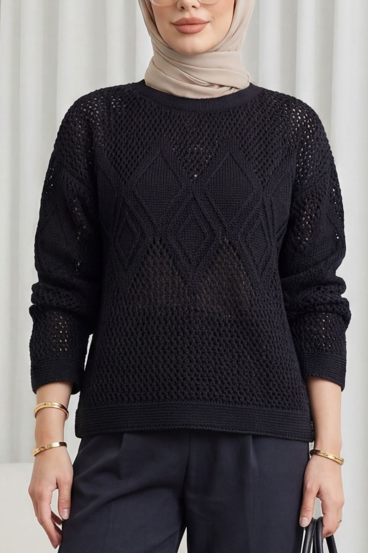 Black Diamond Pattern Open-Knit Sweater with Patterned Sleeves - Podyumplus - by Peralane - photo 4