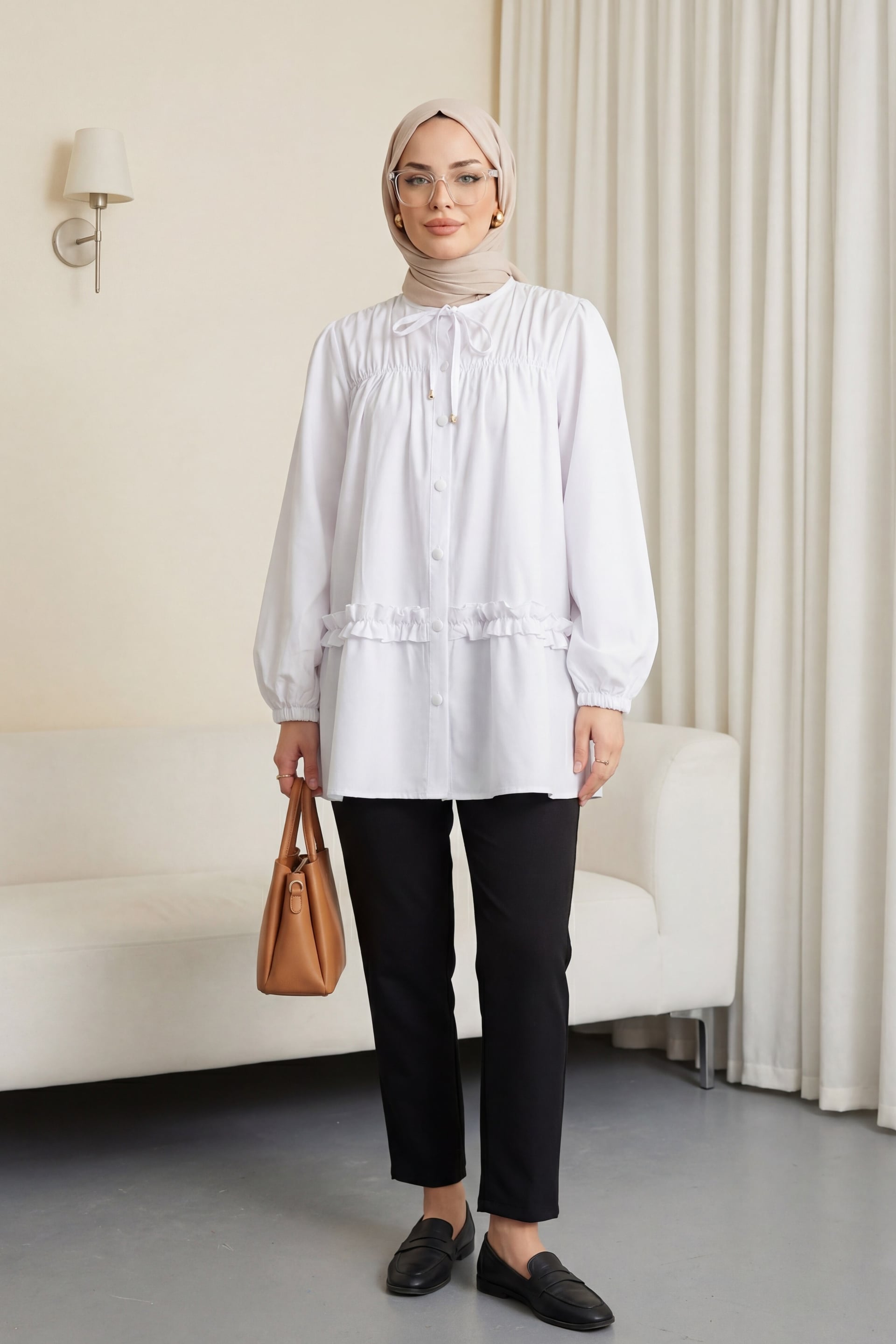 Ruffled Poplin Tunic with Smocked Yoke and Button Front - White - Podyumplus - by Peralane - photo 2
