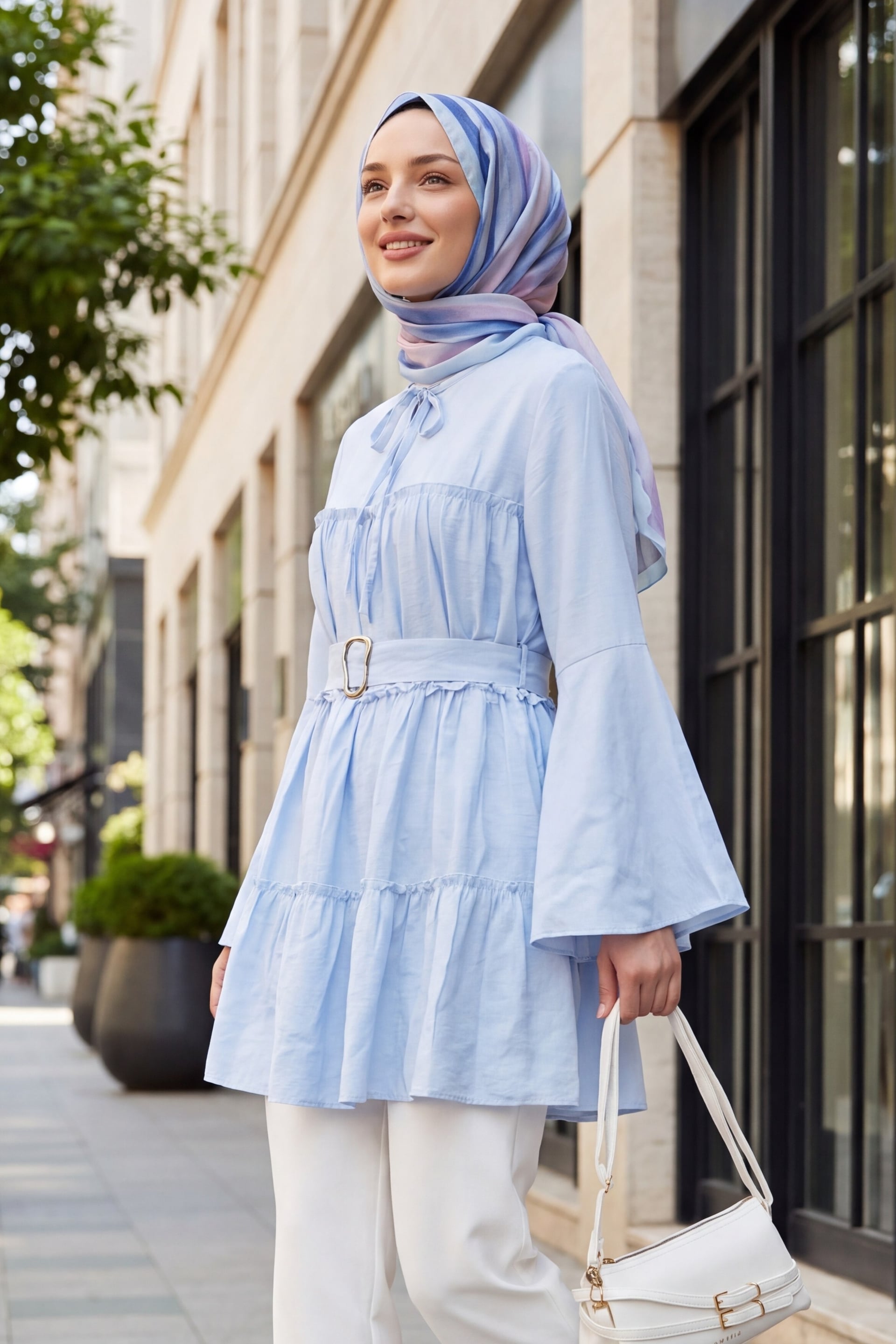 Light Blue Tie-Neck Belted Spanish Sleeve Cupro Tunic - Podyumplus - by Peralane - photo 3