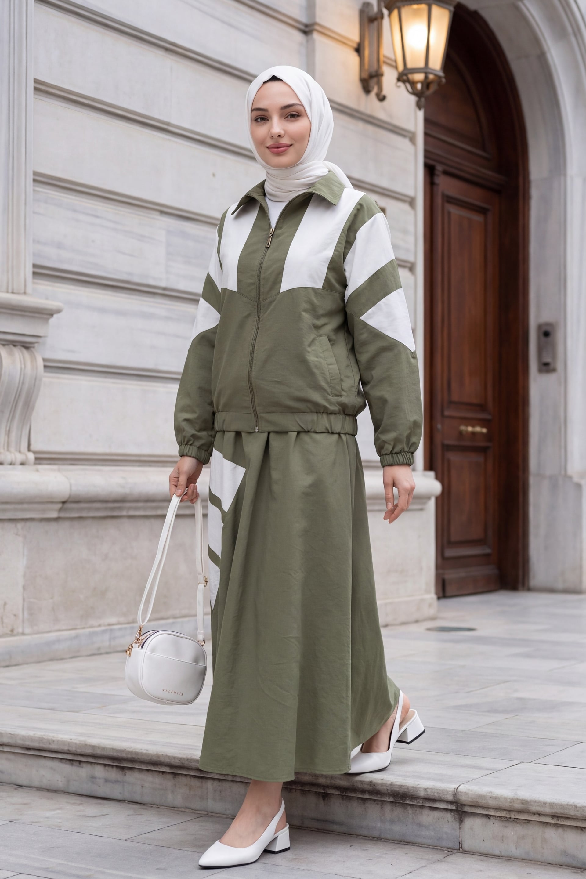 Shirt Collar Striped Detail Double Pocket Skirt Suit - Khaki - Podyumplus - by Peralane - photo 4