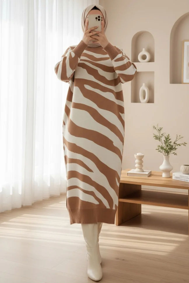 Zebra Print Knitted Midi Dress with Side Slits - Tan - Podyumplus - by Peralane