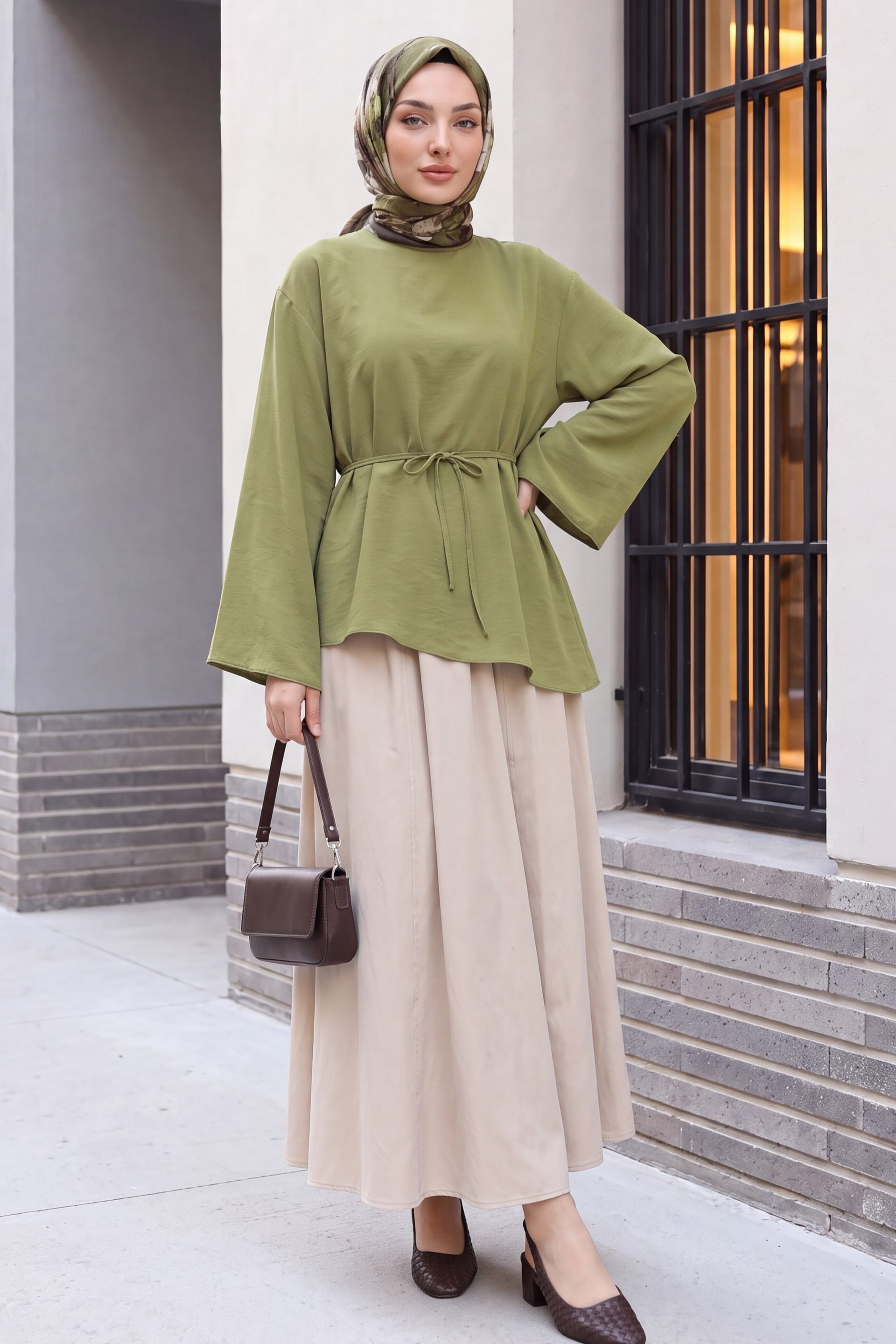 Asymmetric Cut Tie-Belt Oversize Modal Tunic - Olive Green - Podyumplus - by Peralane - photo 2