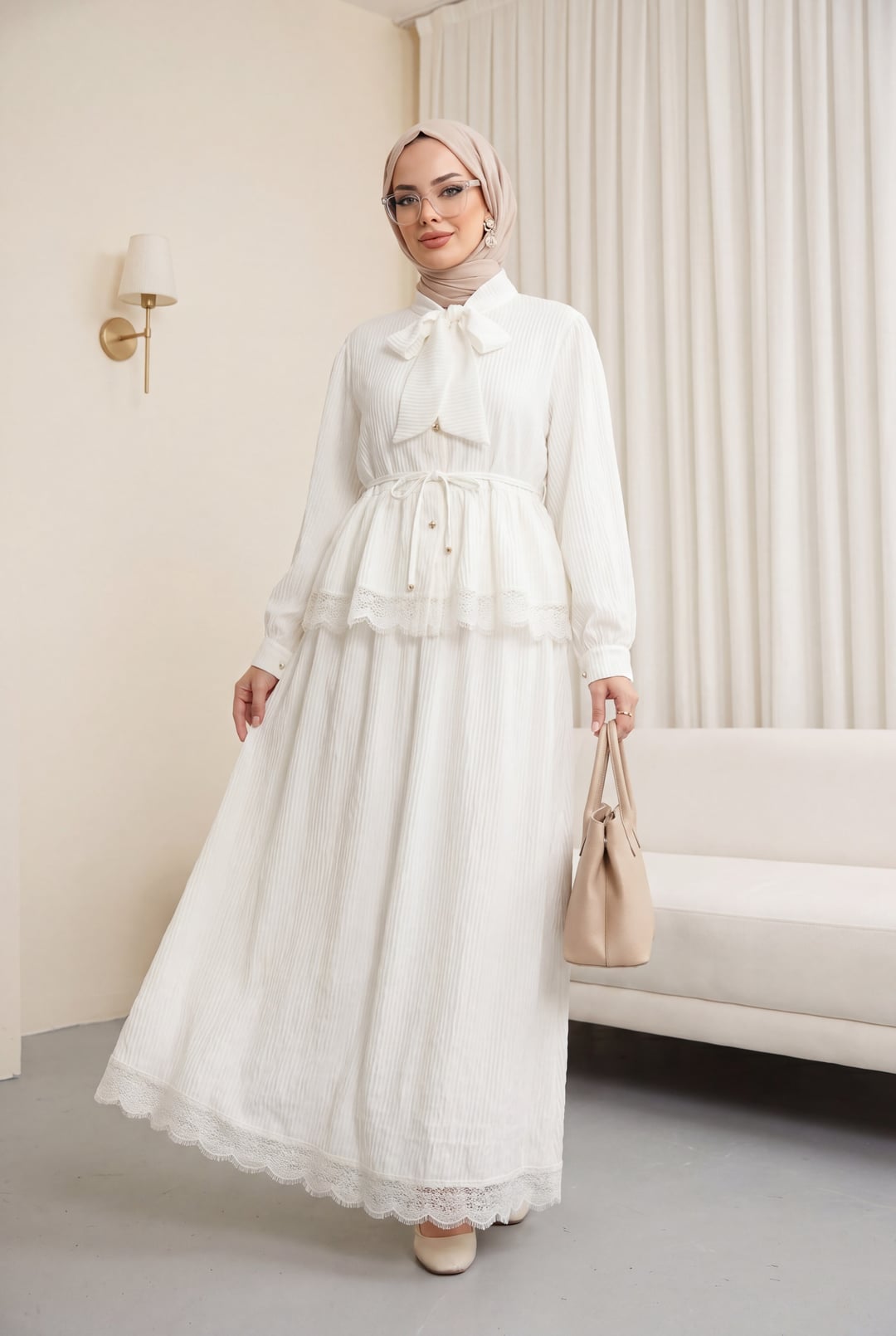 Tie Waist and Bow Neck Crepe Two-Piece Set with Lace Trim Skirt - Ecru - Podyumplus - by Peralane - photo 5