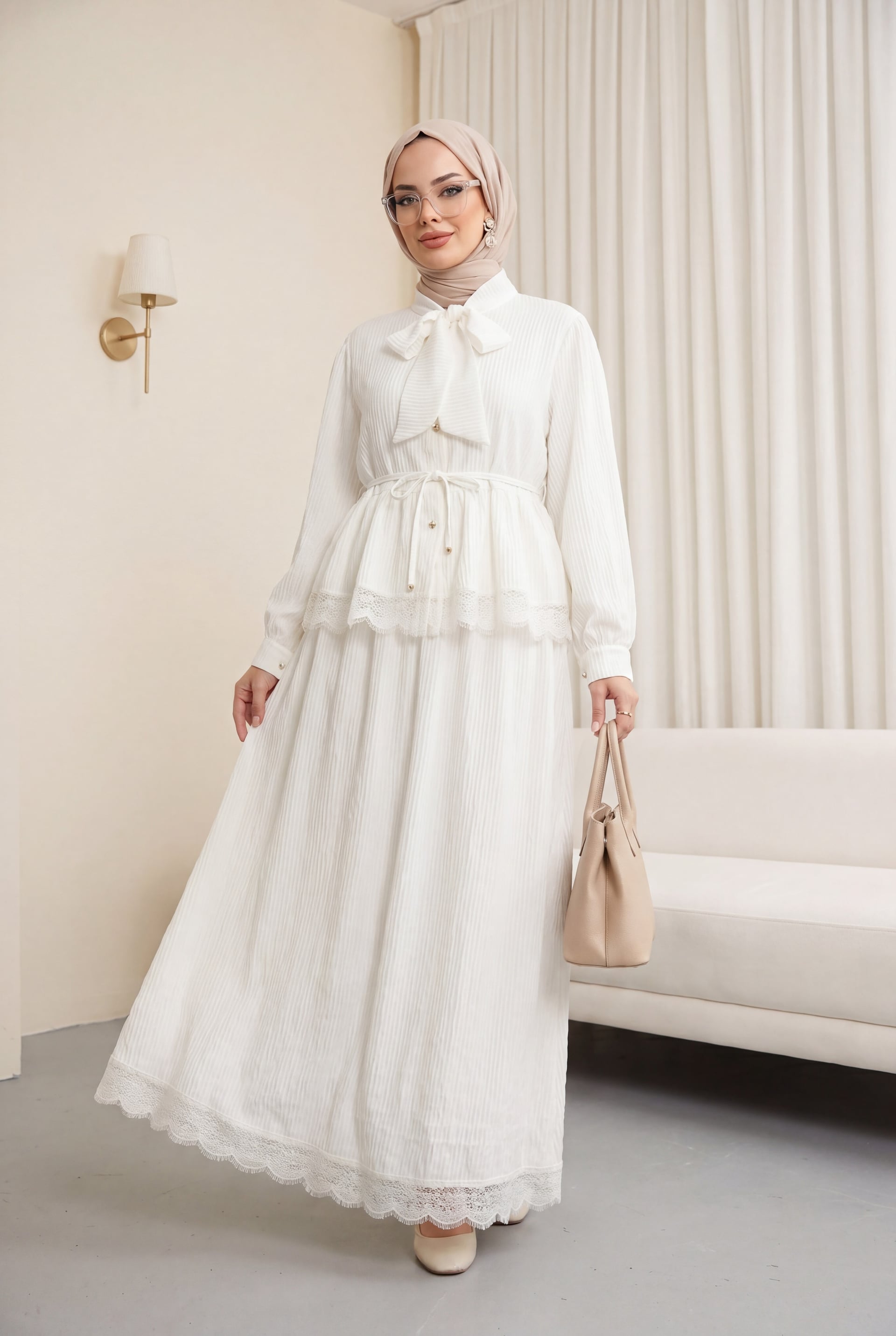 Tie Waist and Bow Neck Crepe Two-Piece Set with Lace Trim Skirt - Ecru - Podyumplus - by Peralane - photo 5