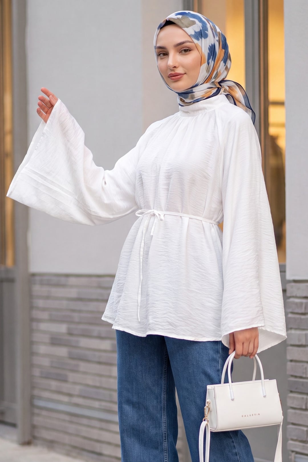High Neck Belted Lined Spanish Sleeve Oversize Lyocell Tunic - White - Podyumplus - by Peralane