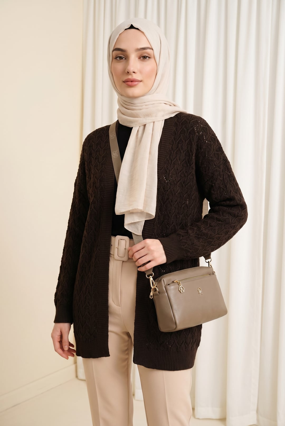 Ajour Patterned Relaxed Fit Knit Cardigan - Dark Brown - Podyumplus - by Peralane - photo 2