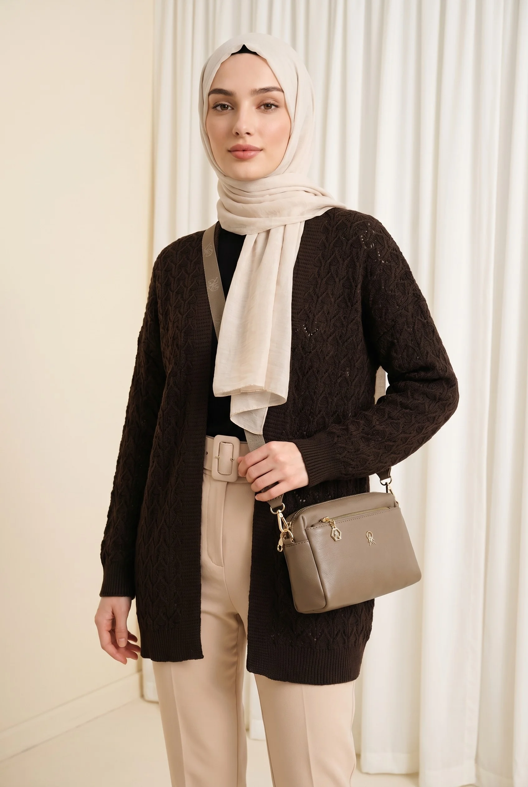 Ajour Patterned Relaxed Fit Knit Cardigan - Dark Brown - Podyumplus - by Peralane - photo 2