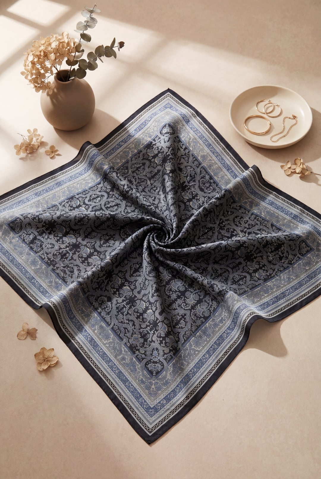 Baroque Pattern Cotton Scarf - Dark Blue - Podyumplus - by Peralane