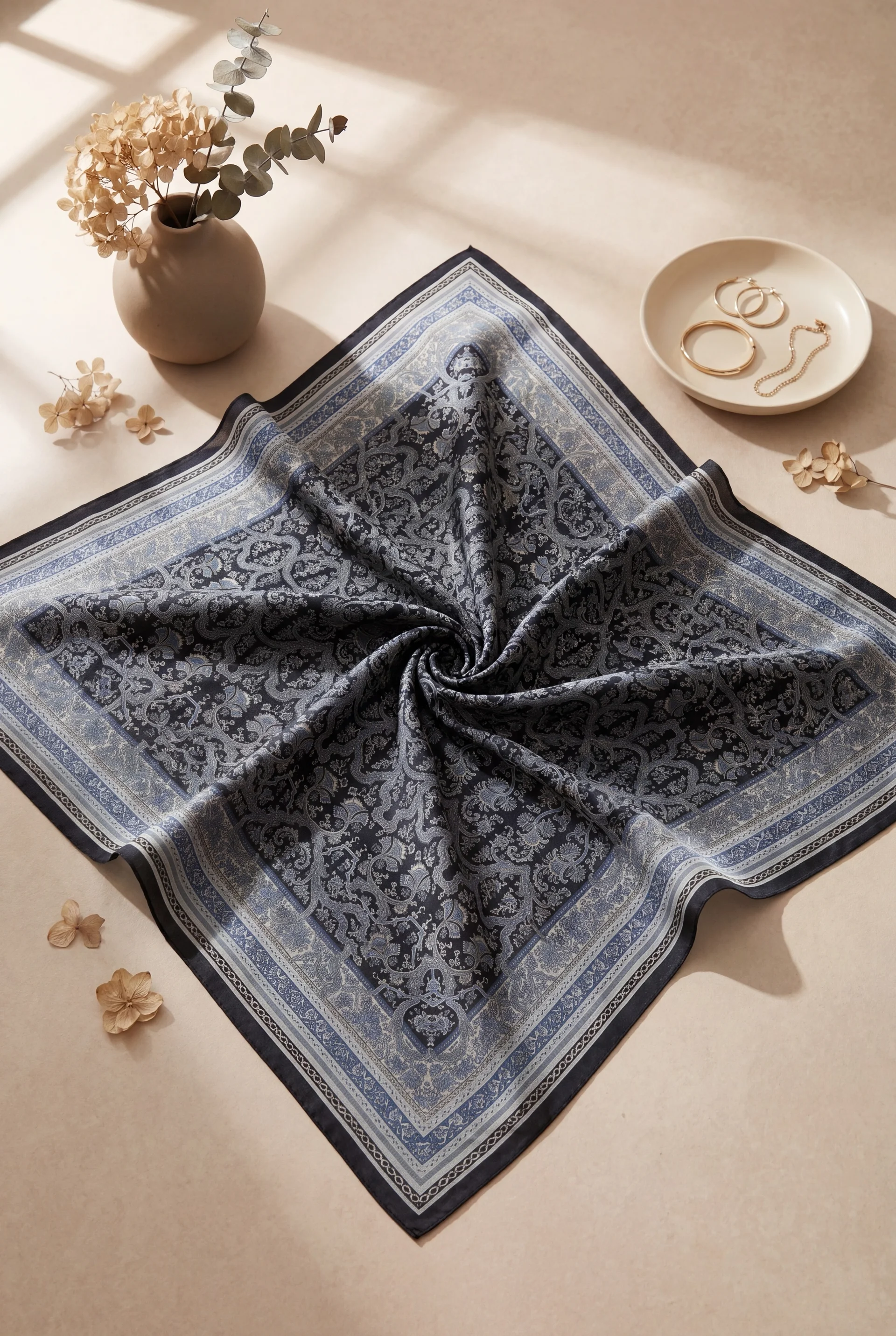 Baroque Pattern Cotton Scarf - Dark Blue - Podyumplus - by Peralane