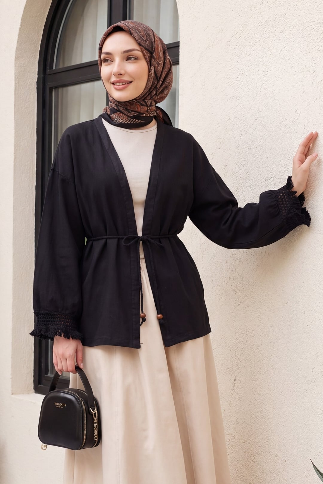 Black Fringed Sleeve Belted Linen Kimono - Podyumplus - by Peralane - photo 10
