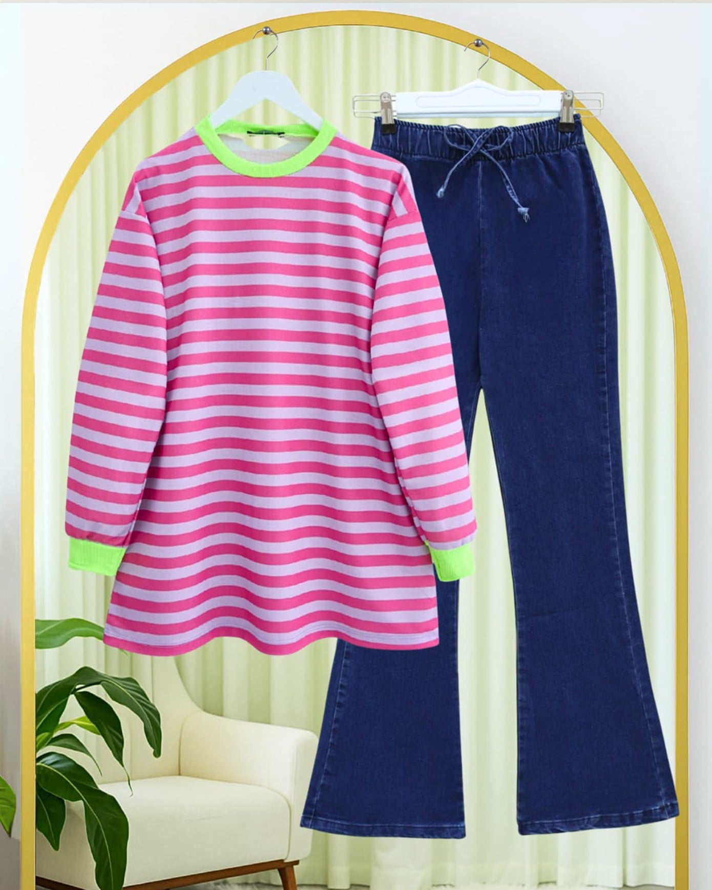 Striped Crew Neck Sweatshirt in Fuchsia and Lavender - Podyumplus - by Peralane - photo 3