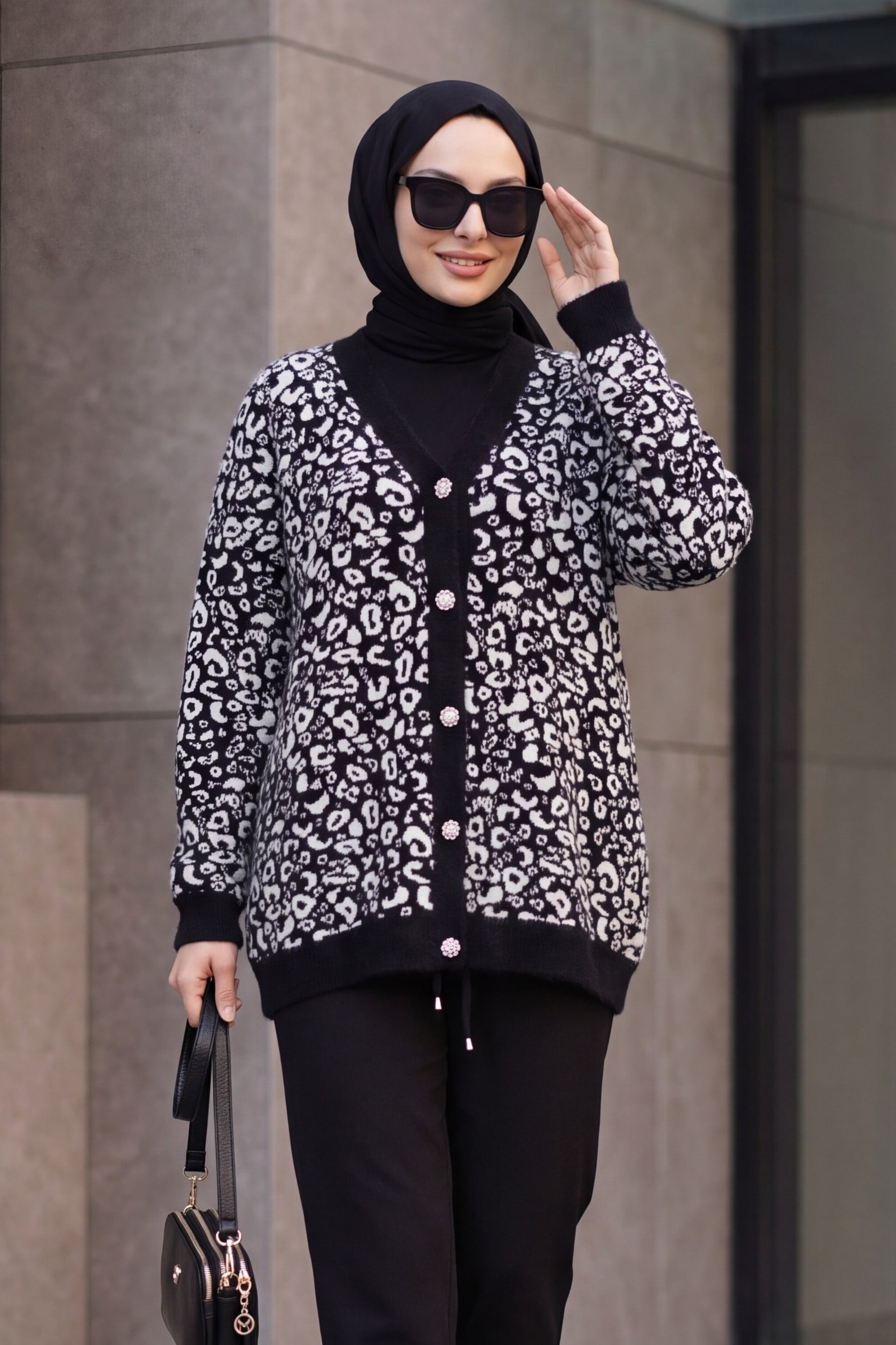 Leopard Print Buttoned Oversize Fringed Knit Cardigan - Black - Podyumplus - by Peralane - photo 3
