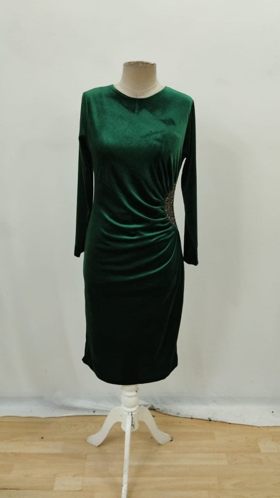 Women's Long Sleeve Round Neck Side Rhinestone Detail Midi Velvet Dress - Janes - by Peralane - photo 6