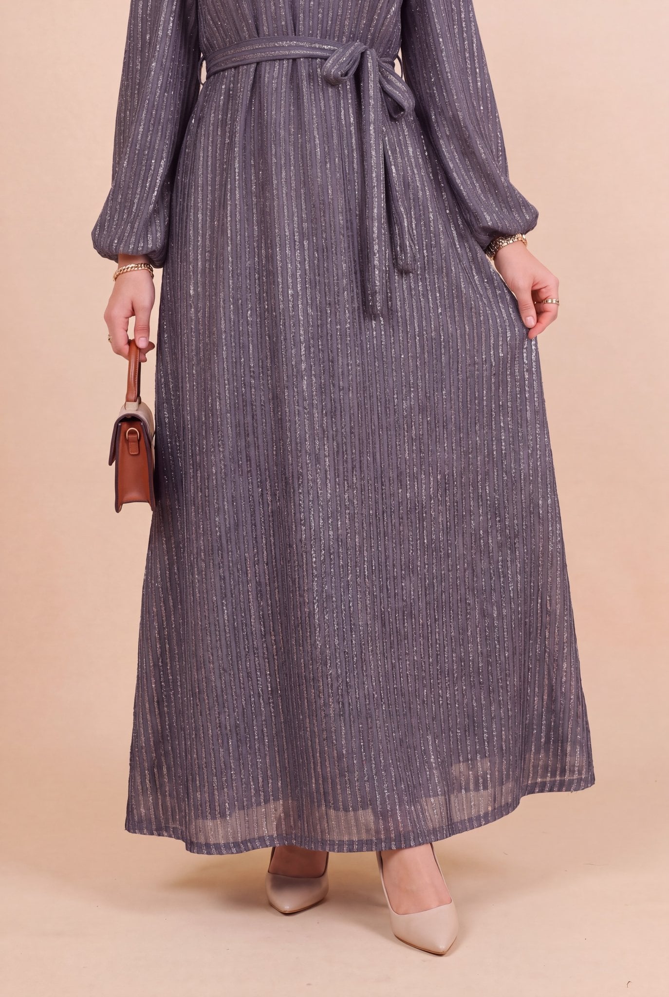 Elastic Cuff Sequined Striped Belted Dress - Grey - Podyumplus - by Peralane - photo 6