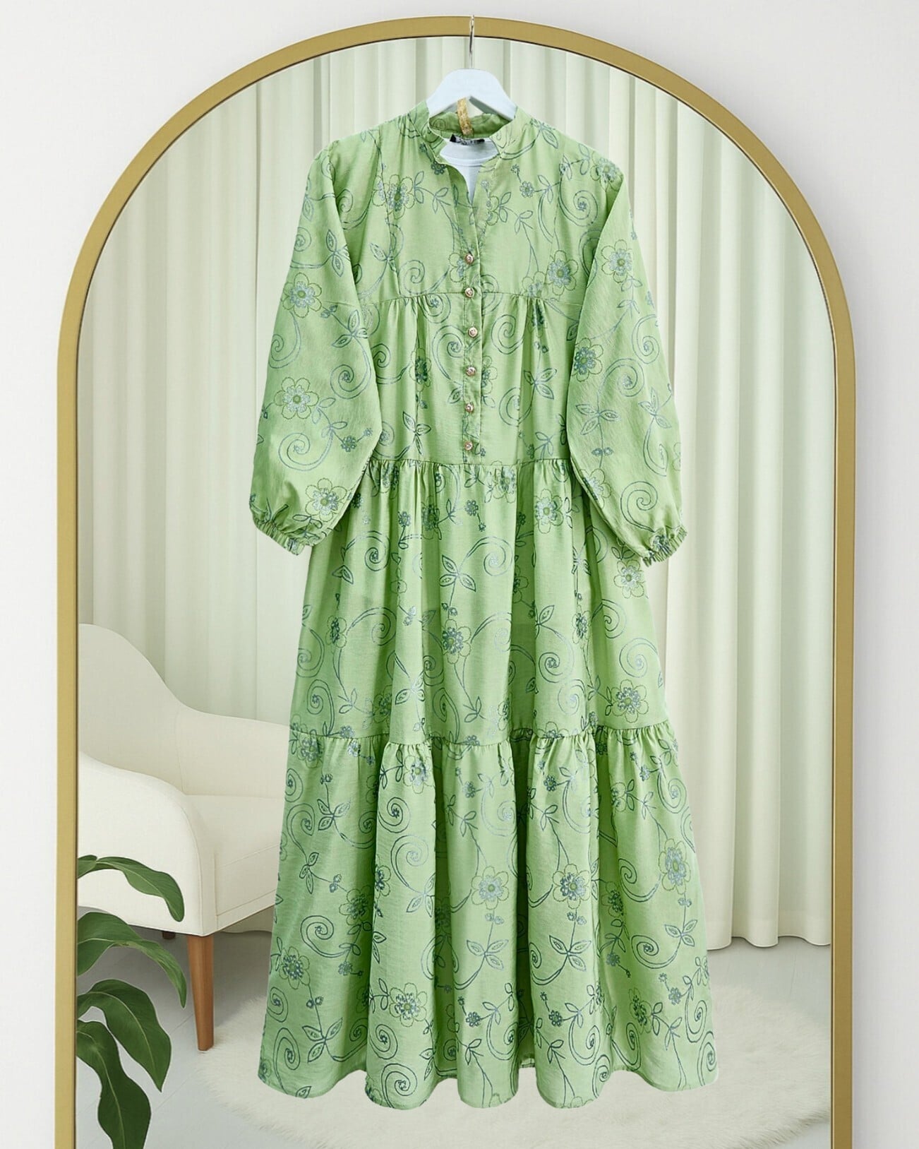 Long-Sleeved Tiered Dress with Half Button Placket and Jacquard Print - Khaki - Podyumplus - by Peralane - photo 5