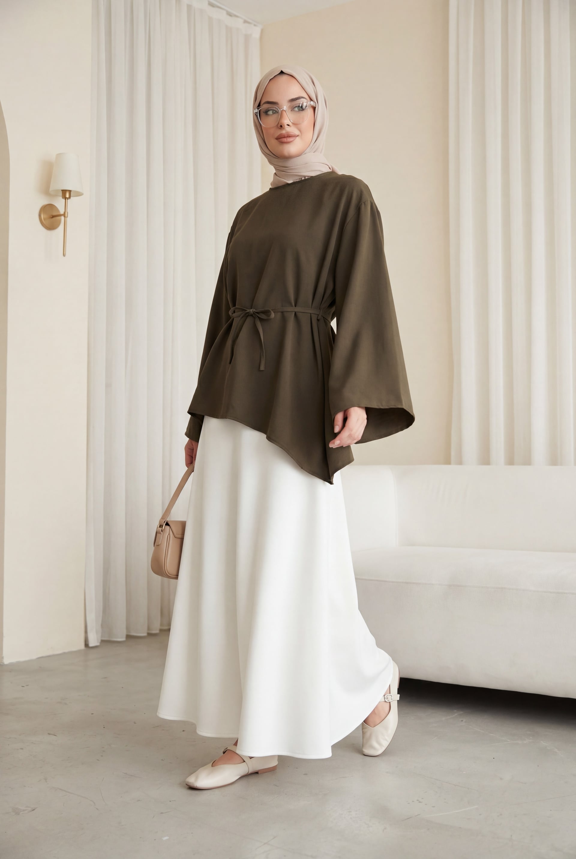 Asymmetric Cut Belted Oversize Modal Tunic - Olive Green - Podyumplus - by Peralane - photo 2
