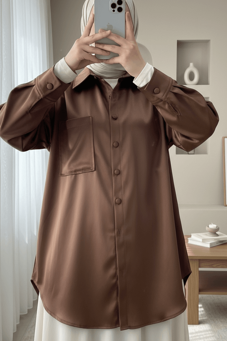 Brown Long-Sleeved Collared Blouse with Chest Pocket - Podyumplus - by Peralane