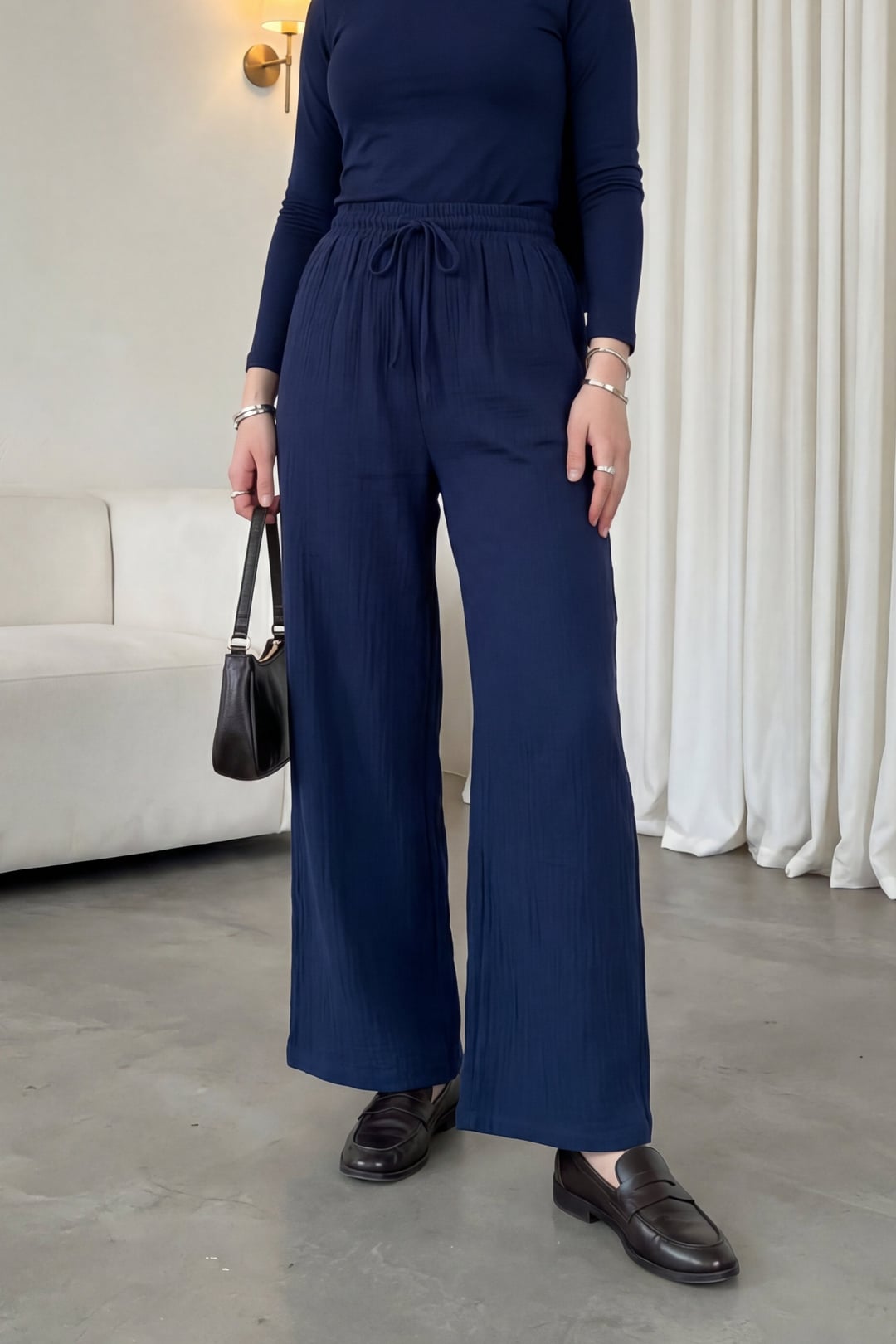 Elasticated Drawstring Wide Leg Muslin Trousers - Navy - Podyumplus - by Peralane