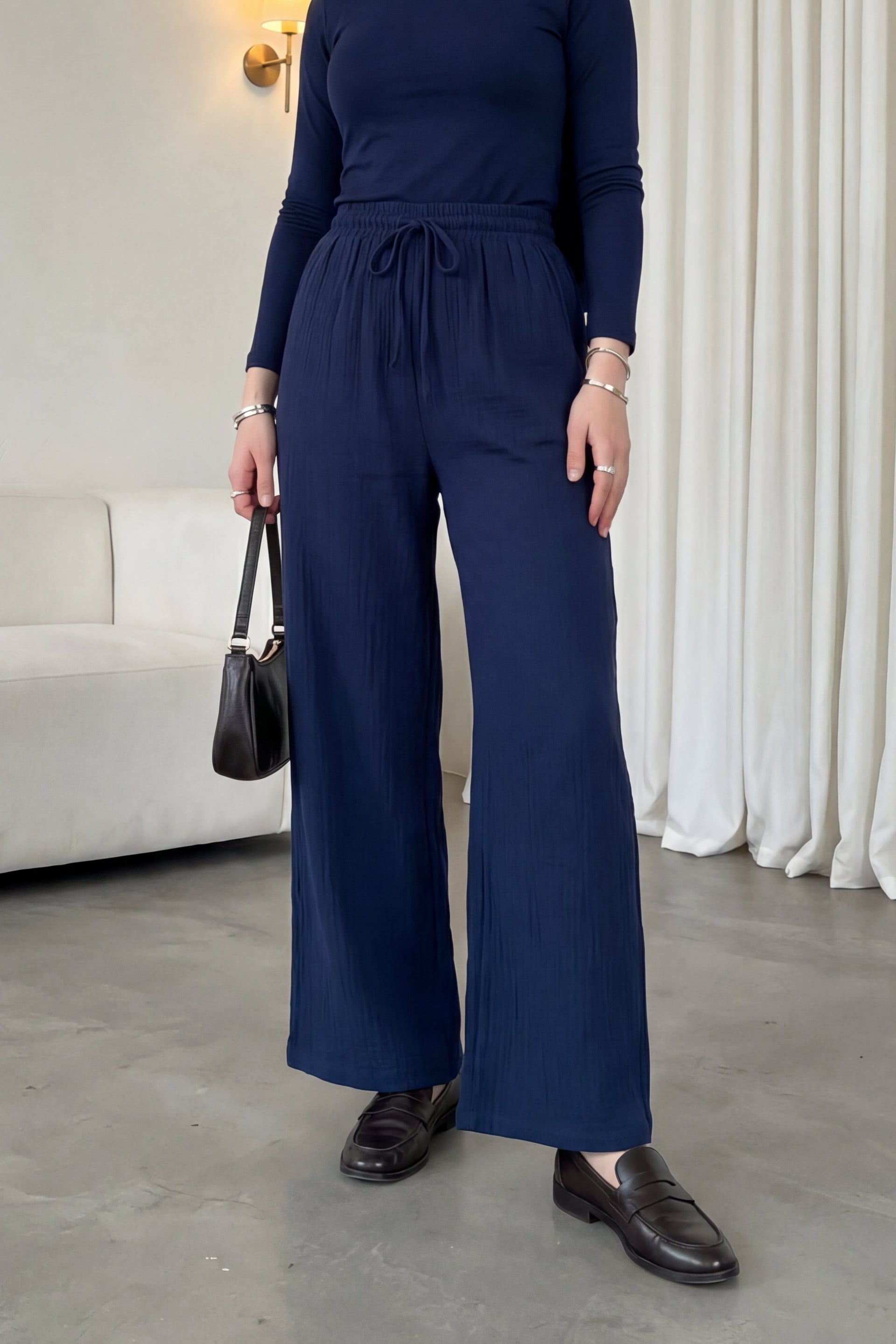 Elasticated Drawstring Wide Leg Muslin Trousers - Navy - Podyumplus - by Peralane