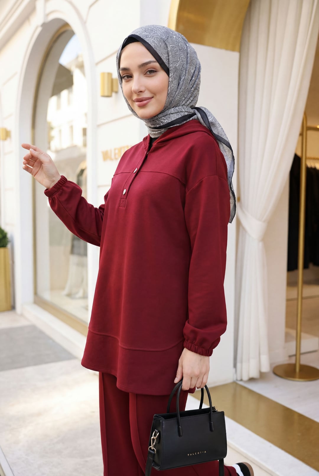 Hooded Half-Button Lounge Set with Elasticated Cuff Trousers and Pockets - Burgundy - Podyumplus - by Peralane - photo 2