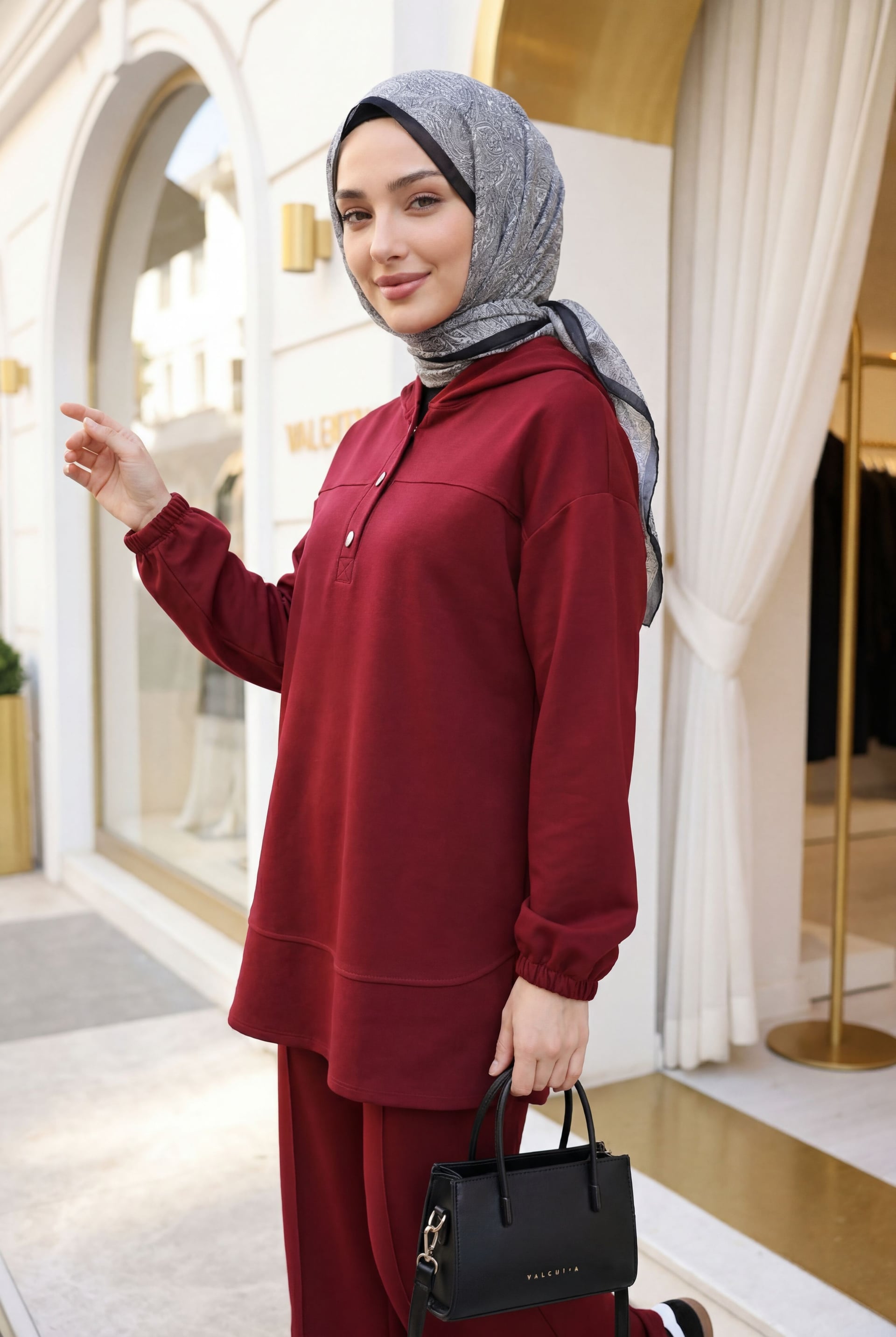 Hooded Half-Button Lounge Set with Elasticated Cuff Trousers and Pockets - Burgundy - Podyumplus - by Peralane - photo 2