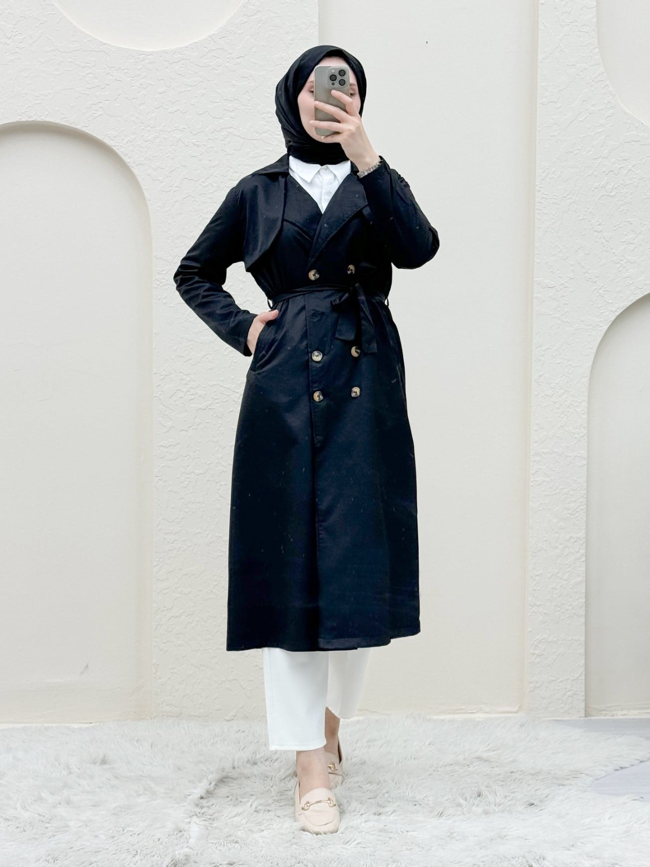Double-Breasted Shawl Collar Belted Trench Coat - Black - Podyumplus - by Peralane - photo 2