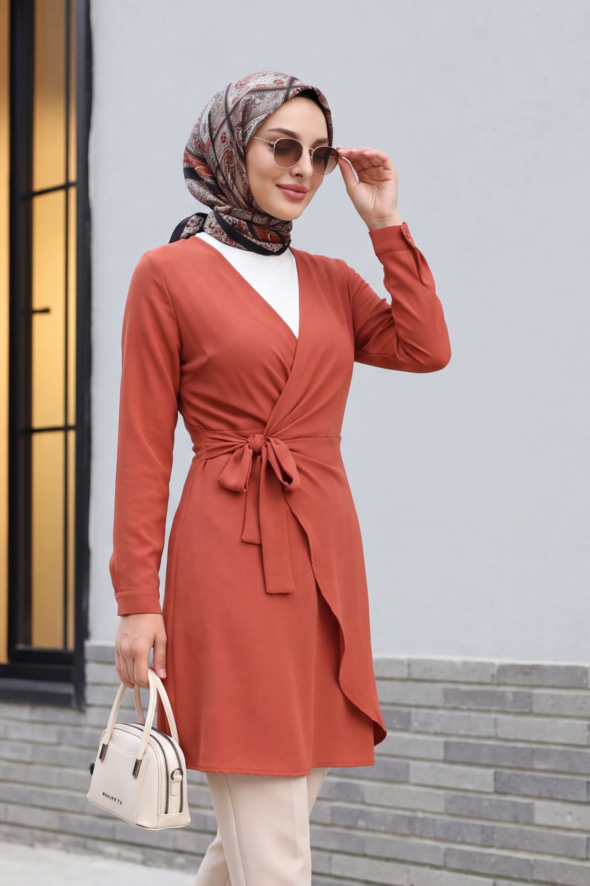 Wrap V-Neck Tie-Waist Tunic Dress in Rust - Podyumplus - by Peralane