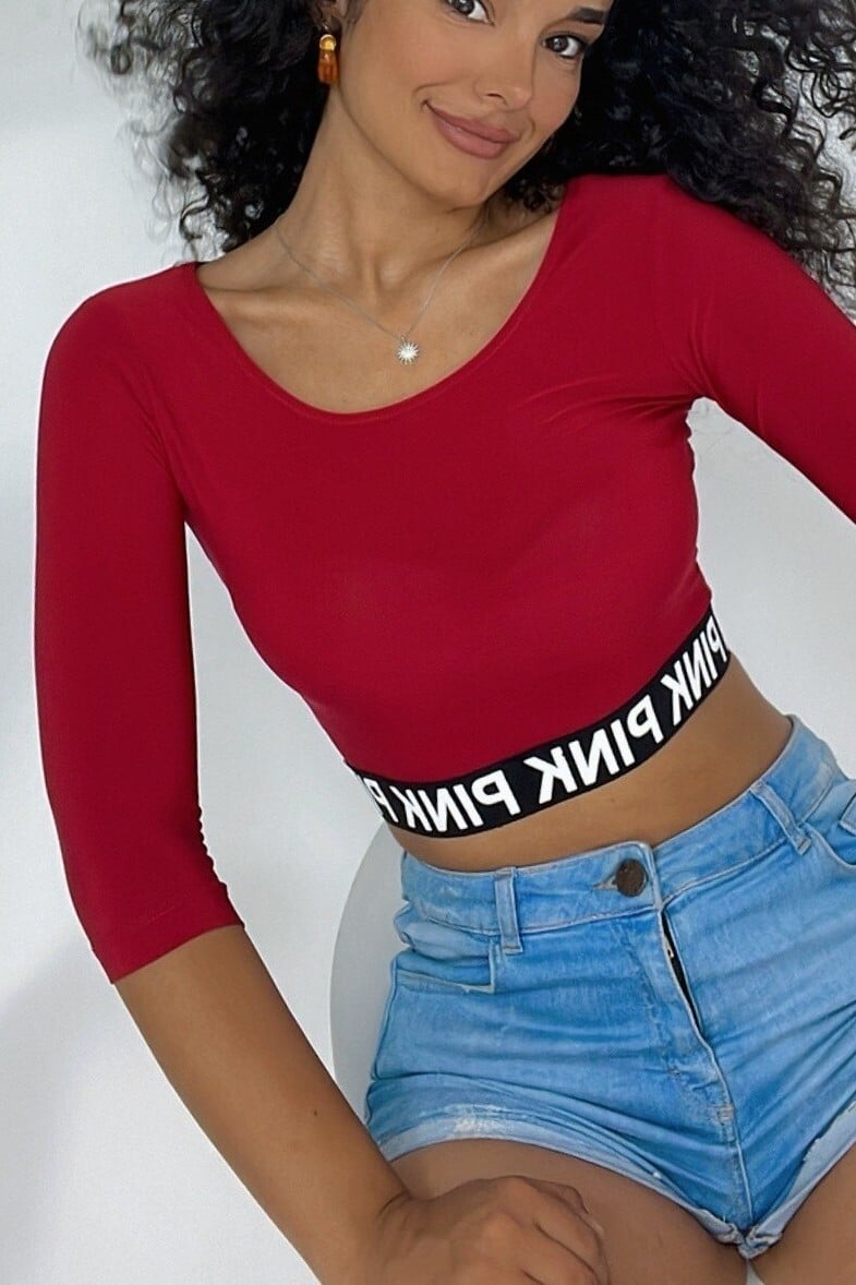 Red Crop Top with PINK Text and Elastic Waist - Podyumplus - by Peralane